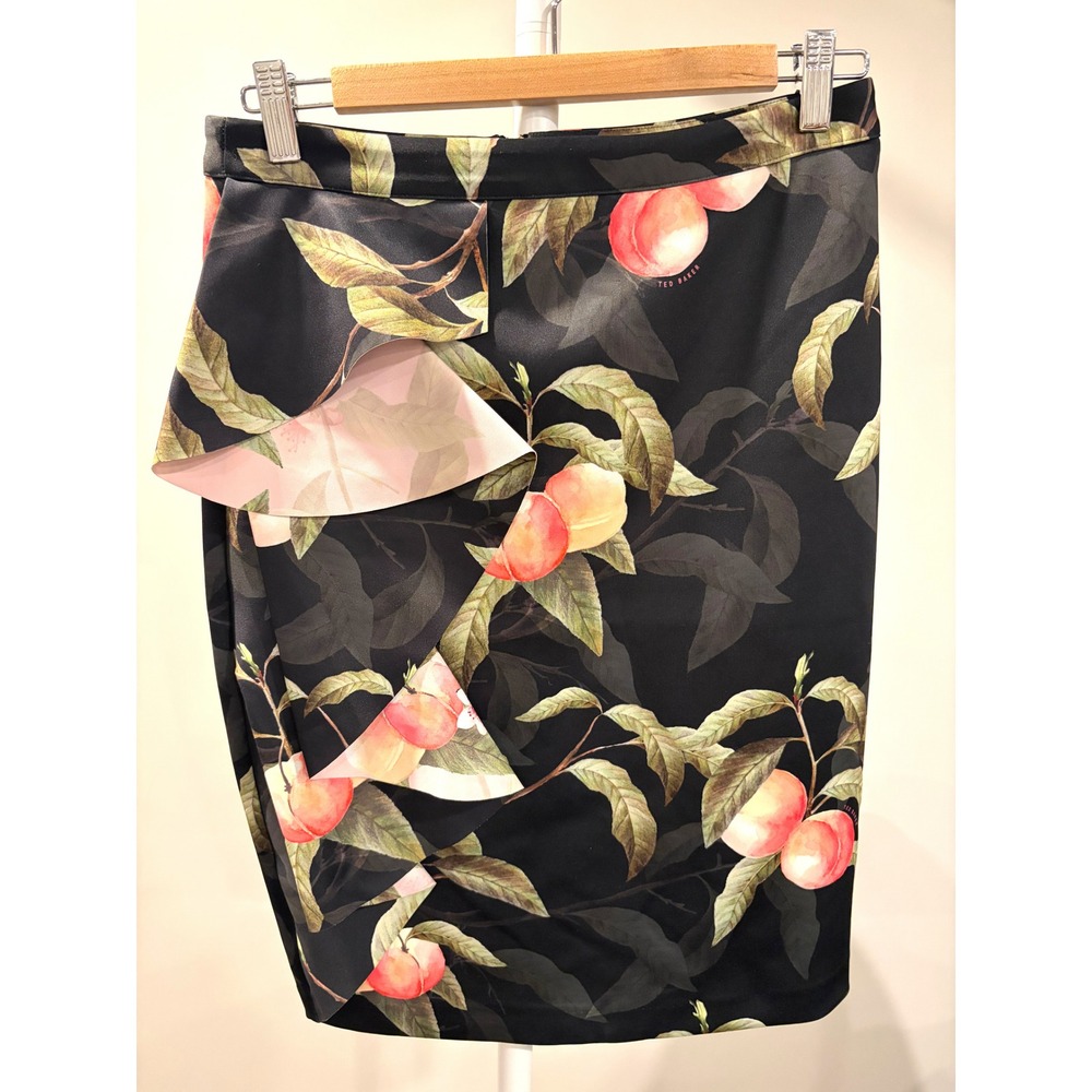 Ted Baker Cottage Peach Print Ruffle Pencil Skirt UK Size 2 US 6 Wedding Guest